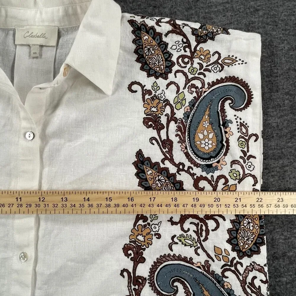 Cleobella XS White Paisley Coastal Linen Blend Lagenlook Cropped Boho Blouse - Picture 7 of 13